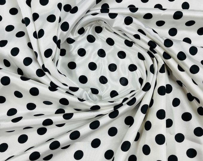 Mia Fabrics Inc, Polka Dot Satin Fabric - White /Black Dots - Super Soft Silky Satin Polka Dot Fabric Sold By Yard