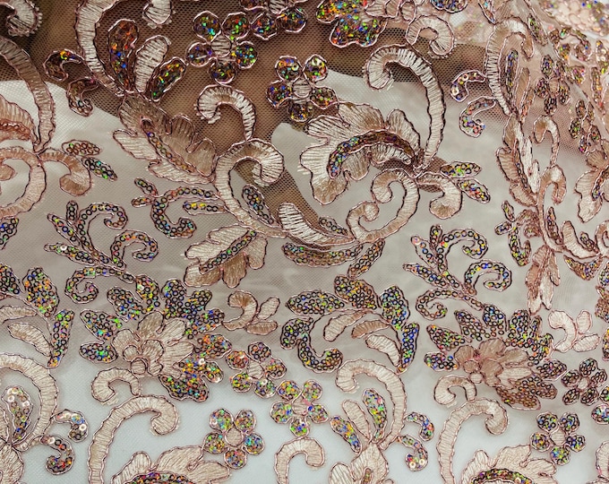 Rose Gold Metallic Corded Flower Lace Fabric by the yard: Embroider With Holographic Sequins Fabric
