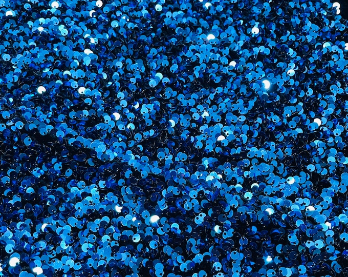 Turquoise Sequin Fabric on Black Stretch Velvet - by the yard - all Over 5mm Sequins Velvet 2-way Stretch 58/60”