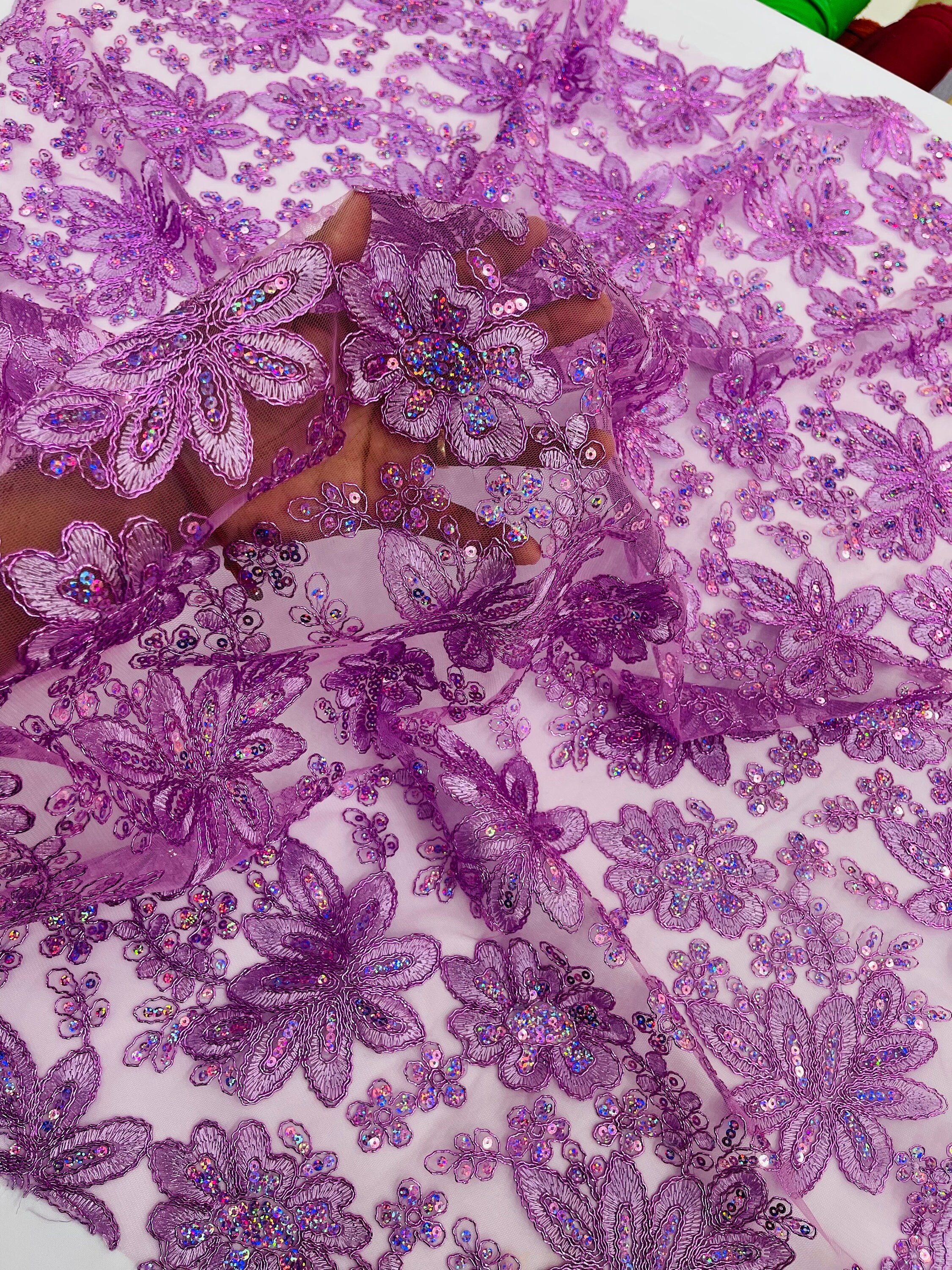 Lilac Hologram Floral Lace Fabric With Sequins - Metallic Thread ...