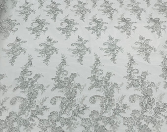 Metallic Silver Floral Lace Fabric: Sequined Embroidery, Bridal Wedding Gown