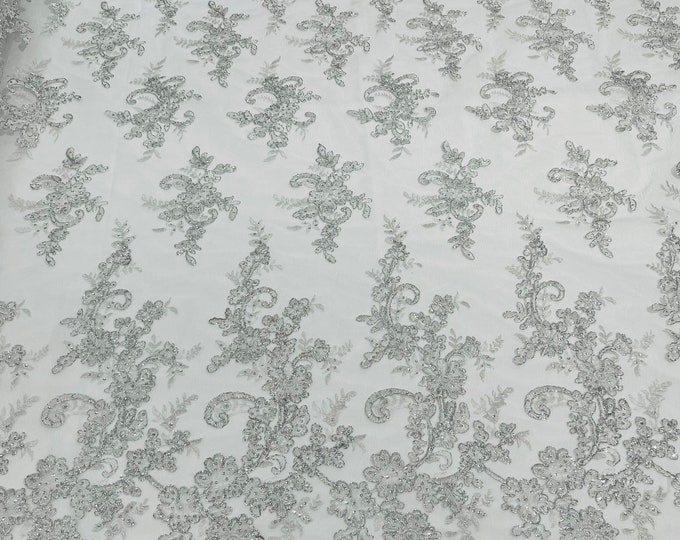 Metallic Silver Bridal Wedding Floral Lace Fabric - by the yard - Embroidery With Sequins on a Mesh Lace Fabric For Gown