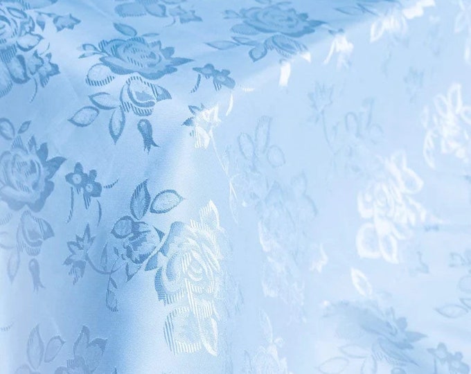 Baby Blue Flower Brocade Jacquard Satin Fabric, Sold By The Yard Polyester Satin Floral Wide 58/60"  (Choose The Quantity)