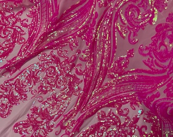 Hot Pink Iridescent Sequin Fabric - by yard - on Light Pink Power Mesh, Big Damask Design 4 Way Stretch Sequins Fabric Prom-Gown