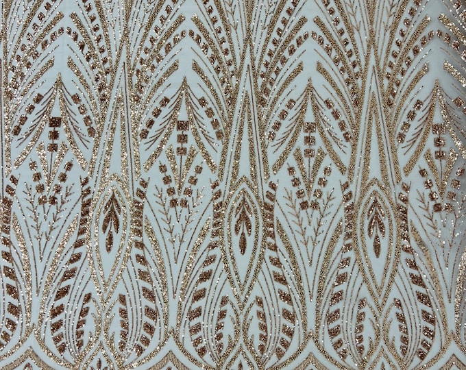 Rose Gold Wedding Beaded Fabric Sold By The Yard - Embroidered Beaded Wedding Bridal Fabric