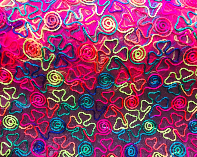 Rainbow Color 2 Way Stretch on Hot Pink Mesh, Swirl Design 2Way Stretch 55/57" Sold By The Yard (Choose The Size)