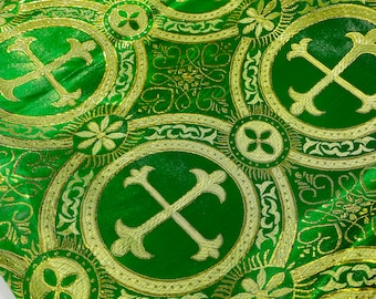 Green/Gold Religious Brocade | Liturgical Fabric | Ecclesiastical Jacquard | Church | Vestment - Cross Brocade by the Yard Wide 58/60"