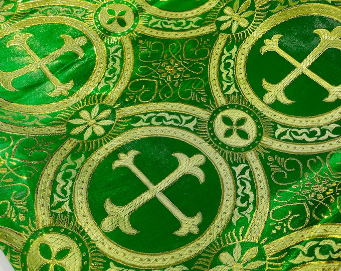 Green/Gold Religious Brocade | Liturgical Fabric | Ecclesiastical Jacquard | Church | Vestment - Cross Brocade by the Yard Wide 58/60"