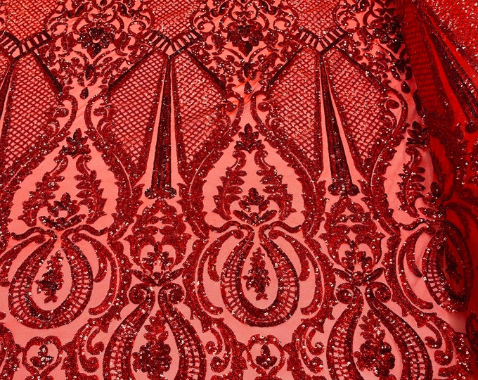 Red Holographic Sequin Lace Fabric by the yard - DAMASK Design Embroidered on Mesh 4 way Stretch Sequins-Prom-Gown
