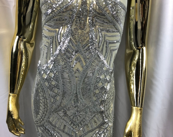 Silver Sequins on Silver Mesh, Royalty Design Embroidered on a Mesh 4 way Stretch Sequin By The Yard -Prom-Gown ( Choose The Size )
