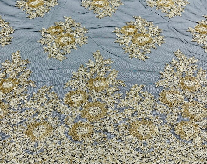 Gold on Black Mesh Lace Fabric - by yard - Corded Flower Embroidery With Glitter/Sequins on a Mesh Lace Fabric For Wedding-Bridal