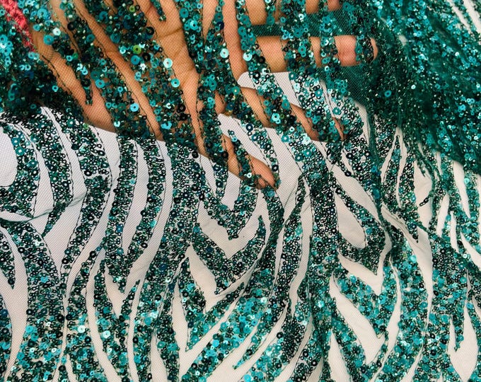 Hunter Green Beaded Lace Fabric: Embroidered Mesh, Wedding, Bridal Dress