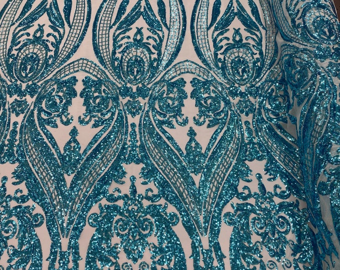 Turquoise Sequins - 4 Way Stretch Fancy Big Damask Design Sequins on Spandex Mesh Prom Gala Gown Fabric By The Yard