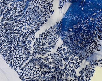 Royal Blue Silver Rhinestones Glitter Fabric on a Mesh By The Yard, Geometric Damask Glitter Rhinestones on Mesh Fabric, Wedding Bridal/Prom