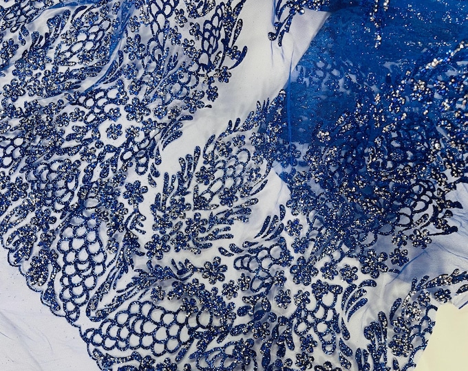 Royal Blue Silver Rhinestones Glitter Fabric on a Mesh By The Yard, Geometric Damask Glitter Rhinestones on Mesh Fabric, Wedding Bridal/Prom