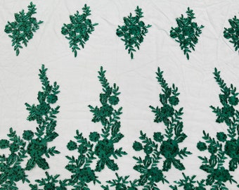 Hunter Green Floral Beaded Fabric: Embroidered Sequins Bridal Lace - Sold By The Yard