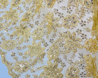 Gold Lace Fabric With Sequins, Metallic Thread Flower Embroidery by Yard
