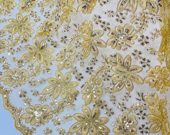Gold Lace Fabric With Sequins, Metallic Thread Flower Embroidery by Yard