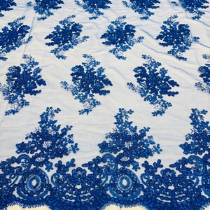 Royal Blue Floral Lace Fabric, Embroidery on a Mesh Lace Fabric By The Yard For Gown, Wedding-Bridal-Dress