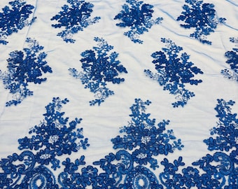 Royal Blue Floral Embroidery Lace Fabric, Scalloped Mesh, By The Yard