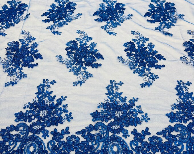 Royal Blue Floral Lace Fabric, Embroidery on a Mesh Lace Fabric By The Yard For Gown, Wedding-Bridal-Dress