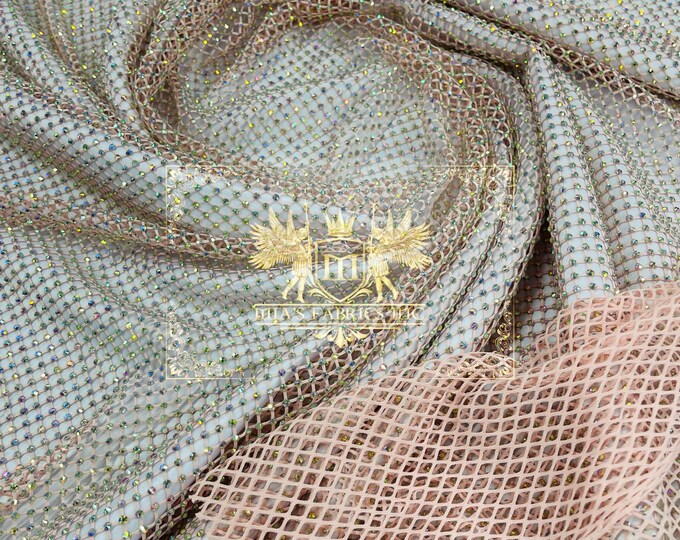 Iridescent Rhinestones Fabric On Blush Stretch Net Fabric, Spandex Fish Net with Crystal Stones sold by the yard