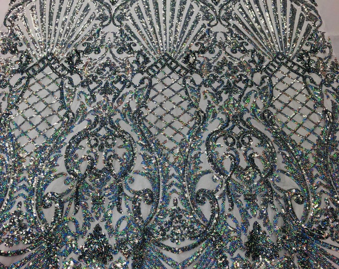 Holographic Silver Sequin Damask Selena Design on a 4 Way Stretch Sequin Lace Mesh - Prom Gala Gown Fabric By Yard