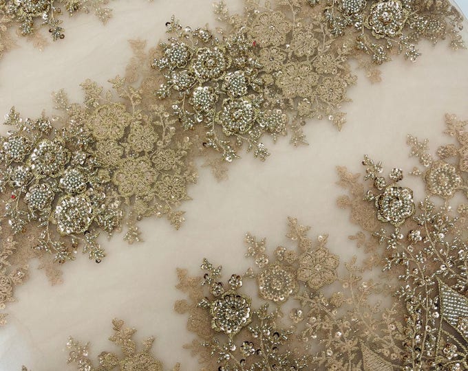 Rose Gold Embroidery Beaded Fabric With Sequin on a Mesh, JP Desing Beaded Fabric Floral Bridal Lace Fabric by the yard