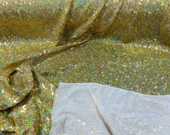 Gold Mini Holographic Sequins on Nude Spandex Mesh, 4Way Stretch Mesh Sequin Fabric Dresses-Nightgowns-Prom Gown (Choose The Size)