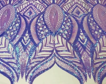 Lilac Iridescent Feather Sequin Fabric: 4-Way Stretch Mesh, Prom Gown Fabric