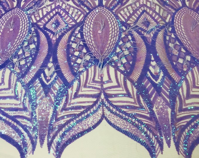 Luxury Feather Sequins - Iridescent Lilac- 4 Way Stretch Glamorous Fringe Feather Sequins Fabric Spandex Mesh-Prom-Gown By The Yard