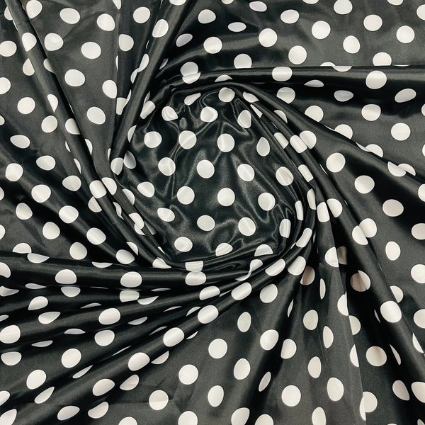 Mia Fabrics Inc, Polka Dot Satin Fabric - Puntos Negro / Blanco - Super Soft Silky Satin Polka Dot Fabric Vendido cortado a medida