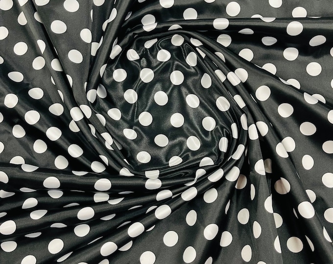 Mia Fabrics Inc, Polka Dot Satin Fabric - Black /White Dots - Super Soft Silky Satin Polka Dot Fabric Sold By Yard