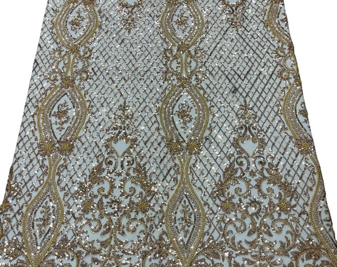 Champagne Fashion Design Bead Damask Fabric - Beaded Fabric Embroidered Geometric Design With Beads and Sequins on a Mesh Sold By The Yard