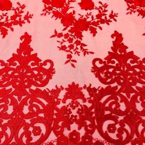 RED Damask Design Embroidered on Mesh Lace Fabric, Floral Bridal Lace Wedding Dress by the Yard (Pick a Size)