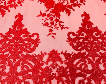 Red Damask Embroidered Mesh Lace Fabric, Floral Bridal Wedding Dress, By the Yard