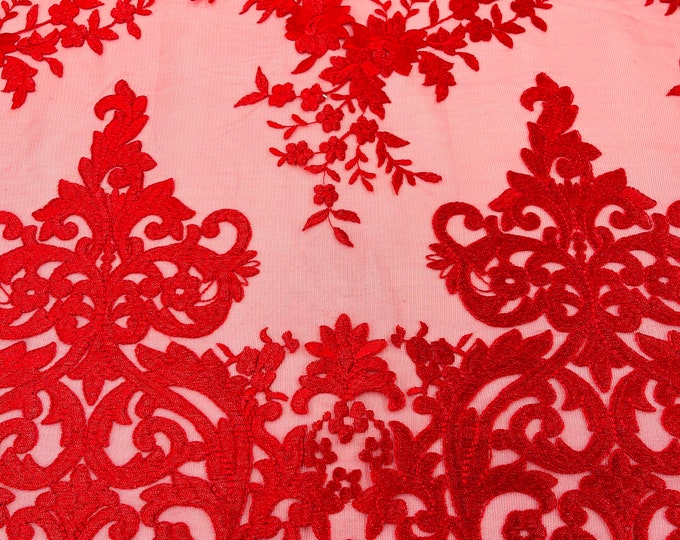 RED Damask Design Embroidered on Mesh Lace Fabric, Floral Bridal Lace Wedding Dress by the Yard (Pick a Size)