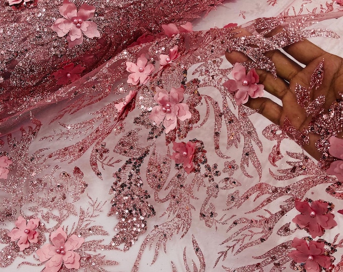 Dusty Rose Glitter Floral Mesh, Glitter 3D Flower Sequin Fabric, Wedding Dresses & Quinseñera
