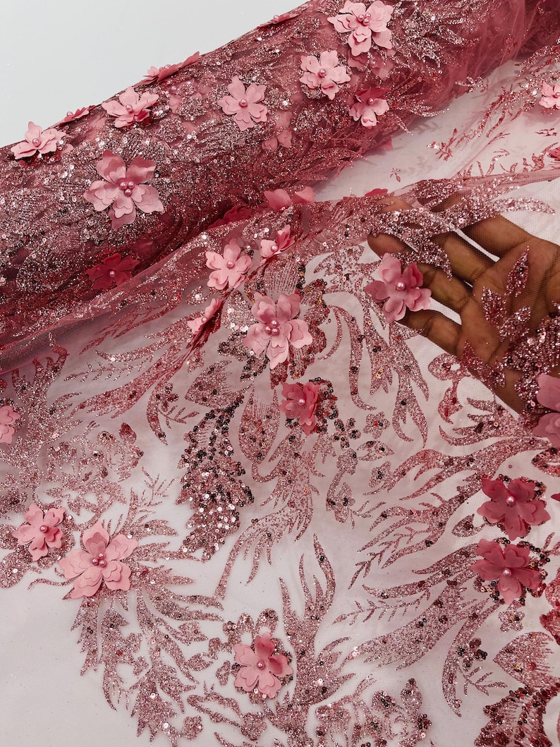 Dusty Rose Glitter Floral Mesh, Glitter 3D Flower Sequin Fabric ...