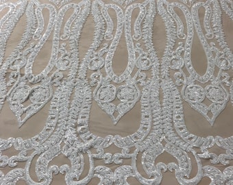 White Sequins Damask Lace Fabric, Nude Mesh, Embroidered Prom-Gown Fabric