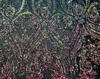Iridescent Damask Sequins Fabric - 4-Way Stretch Spandex Mesh