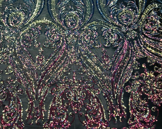 Iridescent Rainbow Sequins - 4 Way Stretch Fancy Big Damask Design Sequins on Spandex Mesh Prom Gala Gown Fabric By The Yard