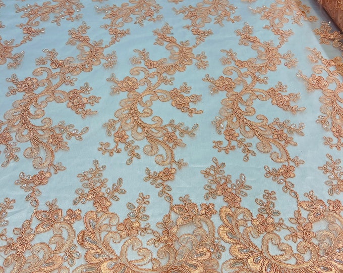 Peach Lace, Floral Lace Fabric, Embroidery With Sequins on a Mesh Lace Fabric By The Yard For Gown, Wedding-Bridal (Choose The Quantity)