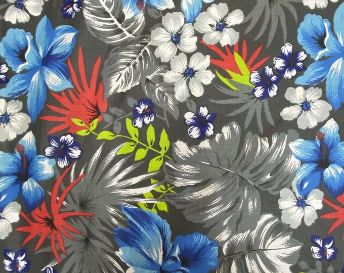 Mia's Fabrics Inc, Gray Hawaiian Print Tropical Poly Cotton Fabric Floral 60" By Yard (Pick a Size)