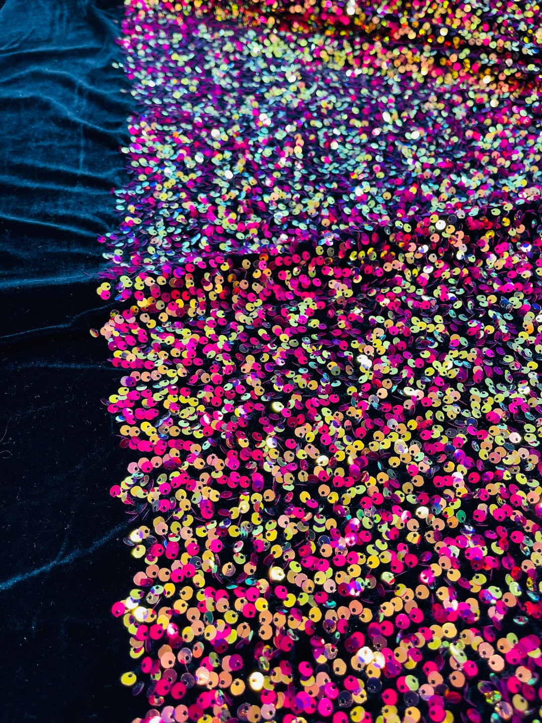 Sequins Color Iridescent Sequin Fabric: Multi Color 5mm Sequins on Black Stretch ...