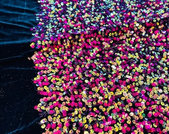 Iridescent Sequin Fabric: Multi Color 5mm Sequins on Black Stretch Velvet By The Yard
