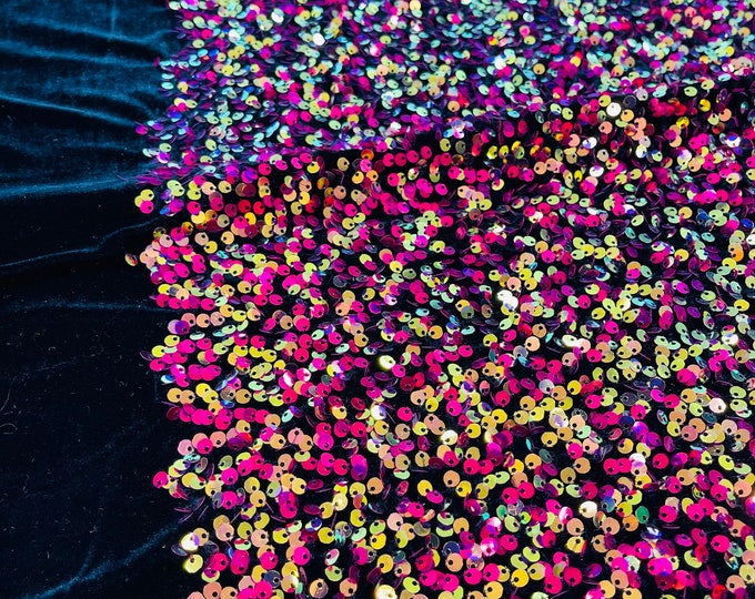 Multi color Iridescent Sequin Fabric on Black Stretch Velvet - by the yard - all Over 5mm Sequins Velvet 2-way Stretch 58/60”