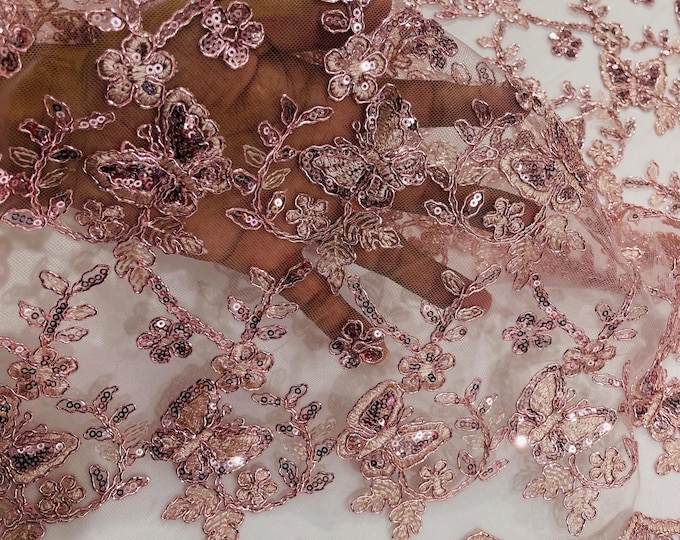 Rose Metallic Corded Lace Small Butterfly by Yard, Rose Metallic Thread Butterfly Design Embroidered With Sequin on a Mesh Lace Fabric