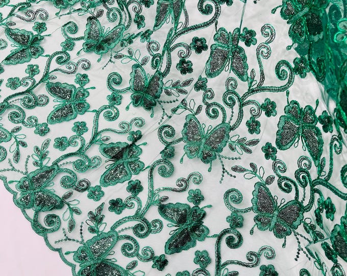 Hunter Green Butterfly Embroidered Lace Fabric with Metallic Thread & Sequins
