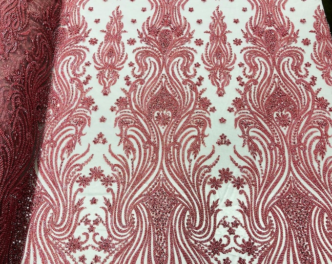 Dusty Rose Floral Design - by the yard - Beaded Fabric, Embroidered With Pearls and Beads on Mesh Lace Fabric